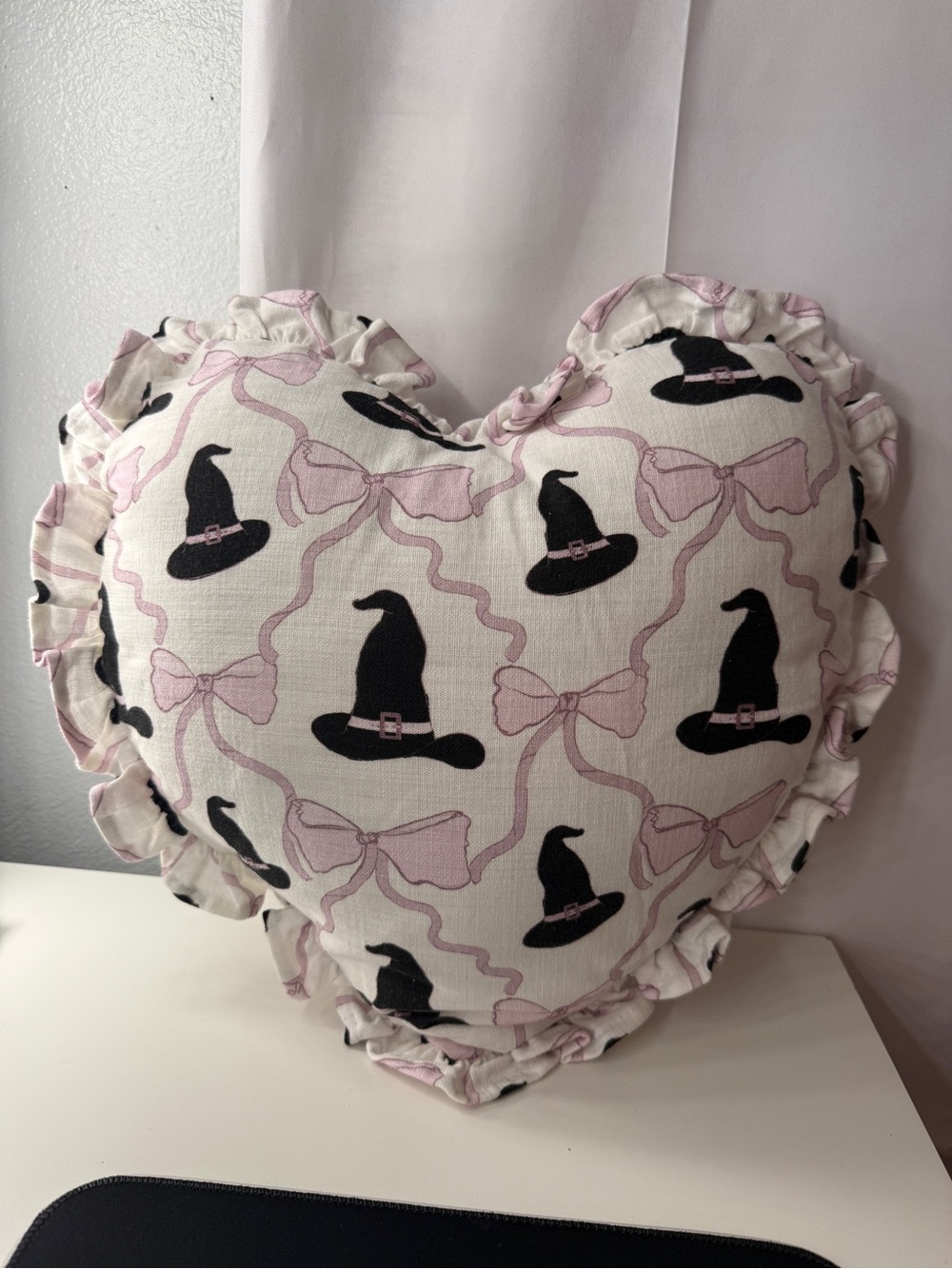 Full Moon Home Witch Hat Pink Bow Heart Ruffle Throw Pillow Halloween Coquette 1